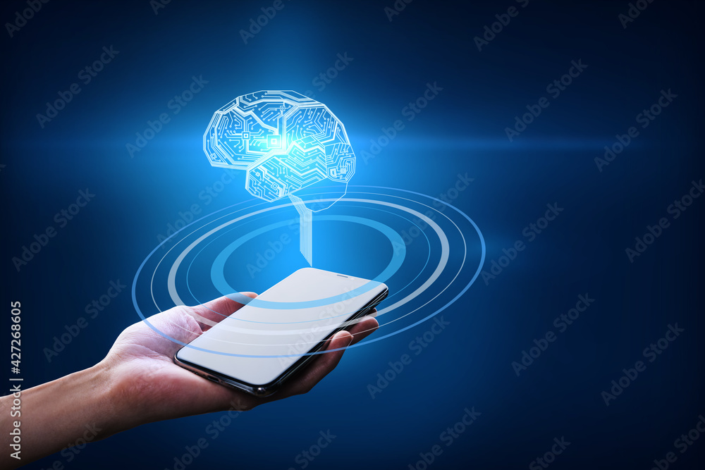 Poster hand with a smartphone holding a brain hologram with circles on a dark blue background. business ide