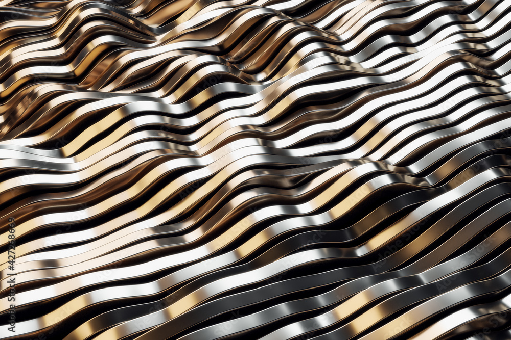 Aufkleber Goden gradient wavy patterns closeup, wallpaper design and backgrounds concept. 3d rendering