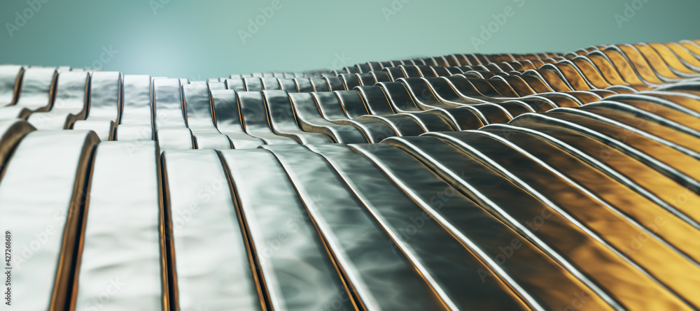 Poster Golden wavy patterns with a light in the background closeup, wallpaper design concept. 3d rendering