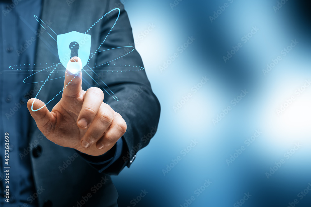 Poster Cyber security concept with businessman touching virtual interface with key hole