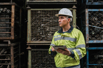 man engineering worker wear uniform and helmet using tablet for work in warehouse. workplace factory industrial heavy machine.