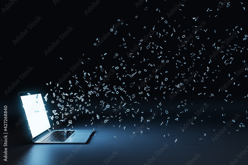 Poster Laptop with multipe particles flow coming out from the glowing white screen on a black background. Data and information concept