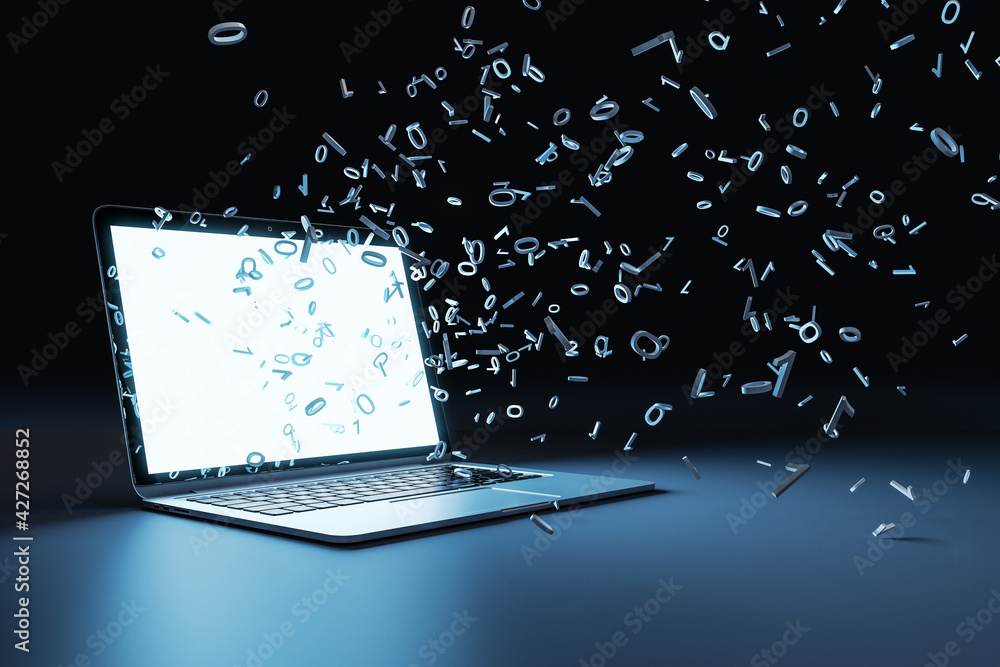 Poster Laptop with multipe particles flow coming out from the glowing white screen on a black background, corner view. Data and information concept