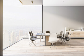 Eco style conference room with city view from glass wall, wooden floor and monochrome style table...