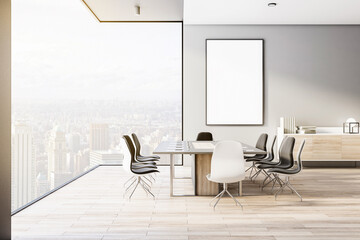 Blank white poster in modern interior designed meeting room with wooden floor, light furniture and...