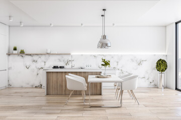 Modern cozy bright furnished kitchen with chairs, table and lamps, wooden parquet floor. Interior design concept, 3d rendering