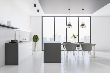 Modern cozy bright furnished kitchen with big windows, chairs, table and lamps, white concrete floor and an empty wall, city view. Interior design concept, 3d rendering