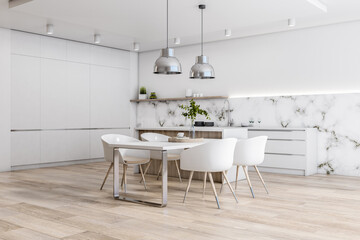 Stylish minimalistic interior design kitchen with eco friendly wooden floor, marble and white wall,...