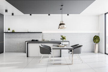 Modern cozy bright furnished kitchen with chairs, table and lamps, white concrete floor and walls. Interior design concept, 3d rendering