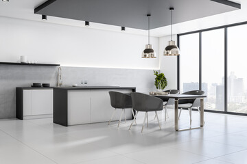 Modern cozy bright furnished kitchen with big windows, chairs, table and lamps, white concrete floor and an empty wall, city view. Interior design concept, 3d rendering