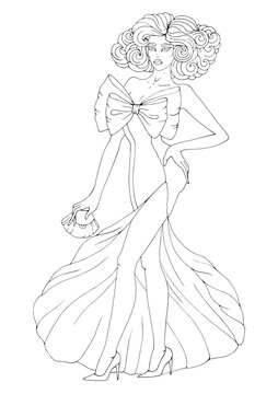 Vector Drawn Slender Sexy Young Woman On The Podium For Fashion Show. Top Model In An Long Elegant Evening Dress With A Large Bow On The Red Carpet, Walking Along Runway. Fashion Illustration 