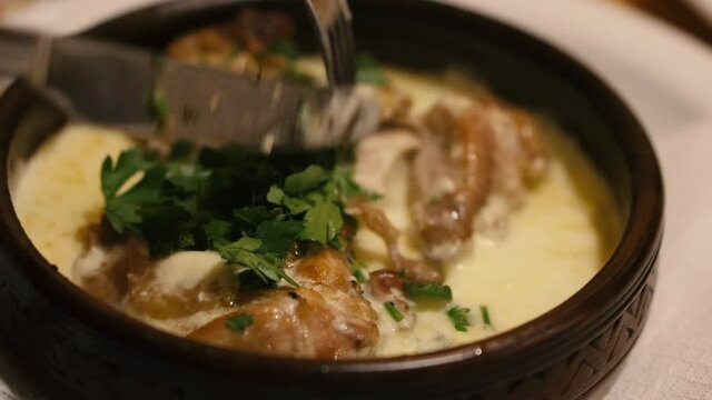 Dish. Chicken in a creamy sauce with glaciers.