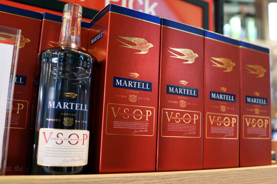 Martell Cognac VSOP display on store shelf in Changi Airport. Martell is one of the oldest cognac houses. Founded in 1715 by Jean Martell. Singapore - JAN 6, 2019.