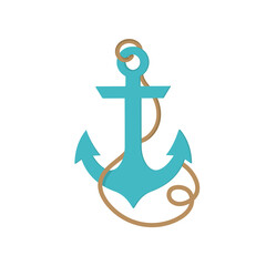 The anchor is blue with a rope. Sea or summer print. Vector illustration, graphic design element.