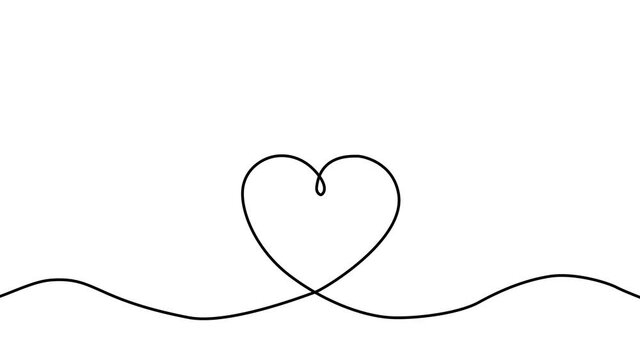 Self drawing simple animation of single continuous one line drawing of heart. Drawing by hand, black lines on a white background. With place for copy.