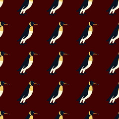 Dark tropical zoo seamless pattern with doodle penguin ornament. Maroon background. Animal exotic backdrop.