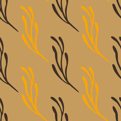 Autumn style seamless pattern with black and yellow colored branches shapes. Beige background.