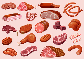 Meat and sausages, butchery shop food products set