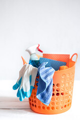 Home cleaning and cleaning basket copy space.