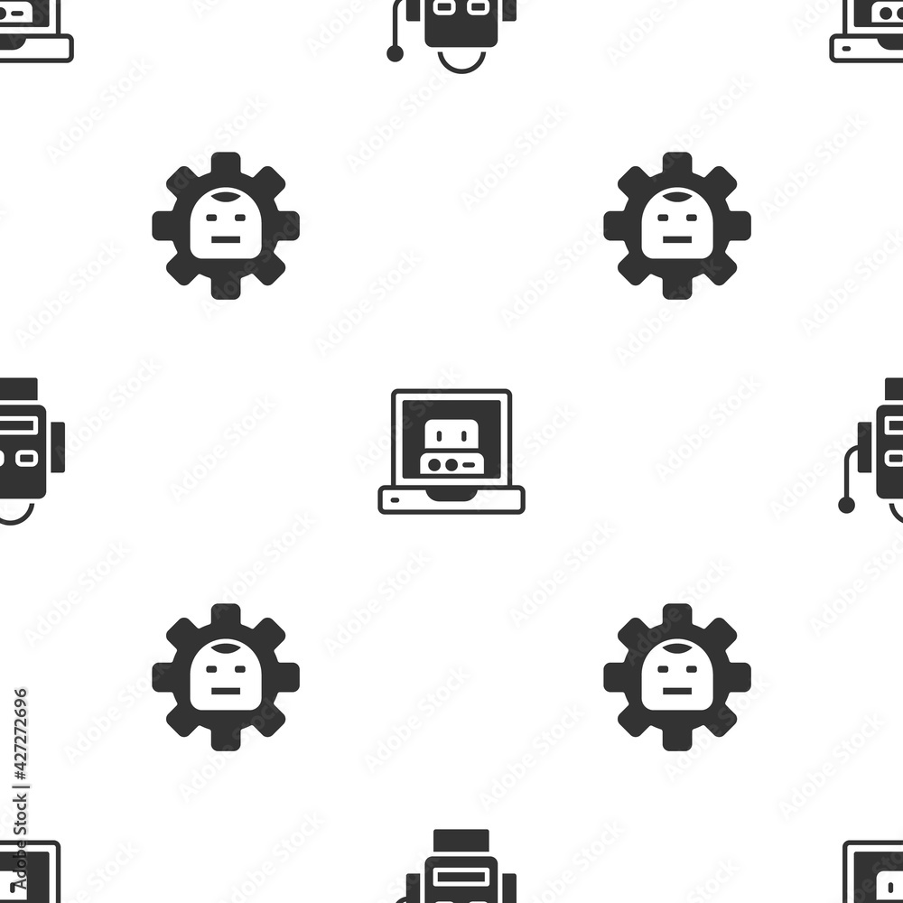 Poster set robot, creating robot and on seamless pattern. vector