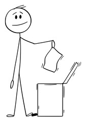 Smiling Man or Businessman Throwing Piece of Paper in Waste Bin, Vector Cartoon Stick Figure Illustration