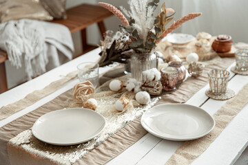 Home table setting for Easter celebration with decorative elements.