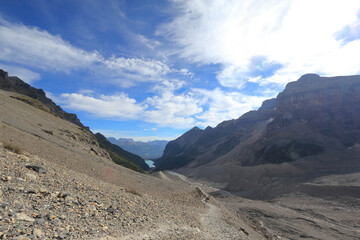 hiking trail near lake louise, Plain of six glaciers, Mountain view on a sunny day, Canada Banff...