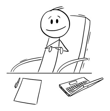 Boss or Manager Sitting on Chair Behind His Office Desk,Vector Cartoon Stick Figure Illustration