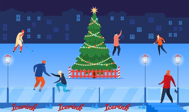 Christmas Celebration, Happy Winter Holiday, Ice Skating Around Green Tree, Joyful Season, Cartoon Style, Vector Illustration.