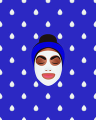 Creamy cosmetic face mask. Cosmetics packaging design. The face of a smiling girl. Milk drops seamless pattern.