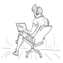 The guy is sitting in a chair and working on a laptop isolated contour drawing for the design of web pages and mobile applications