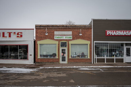 Bashaw, Alberta - April 11, 2021: Dilapidated Commercial Buildings On A Declining Small Town Main Street In Alberta.