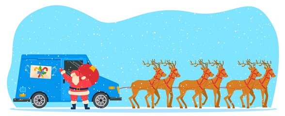 Naklejka premium Merry christmas celebration, winter mood, santa car in reindeer harness, holiday gift, design cartoon style, vector illustration.