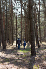 Blurred image of a boy with his father walking through the forest in early spring.