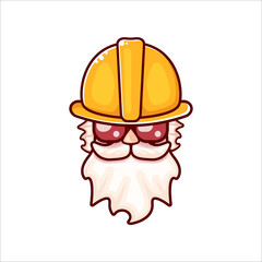 Worker with orange helmet and beard isolated on white background. 1 may Labor day icon or sign with funky man