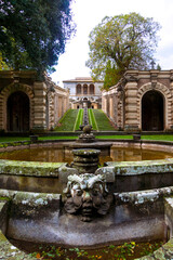 Caprarola, Farnese palace, Italy, 11/12/2013: The garden of the villa Farnese with the Casina del pleasure, a small summerhouse surrounded by statues and fountains.