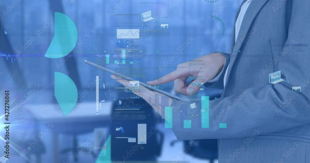 Aufkleber animation of financial data processing over businessman using tablet in office