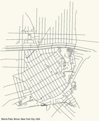 Black simple detailed street roads map on vintage beige background of the quarter Morris Park neighborhood of the Bronx borough of New York City, USA