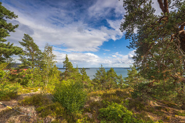 Fototapeta na wymiar Amazing beauty on sea on blue sky with white clouds. Beautiful summer nature backgrounds. Sweden.