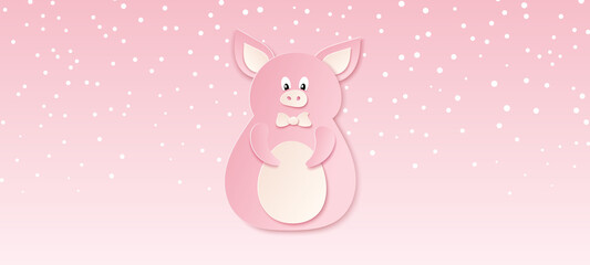 Obraz na płótnie Canvas Cute pink paper cut pig. Vector template for greeting card, banner, flyer.