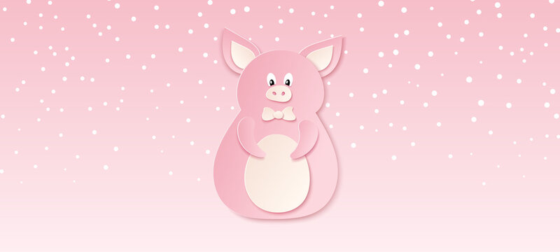 Cute pink paper cut pig. Vector template for greeting card, banner, flyer. © Arriane