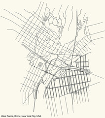 Black simple detailed street roads map on vintage beige background of the quarter West Farms neighborhood of the Bronx borough of New York City, USA