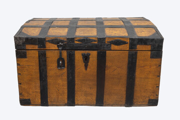 Antique Tin Travel Trunk Steamer Chest closed isolated on white background