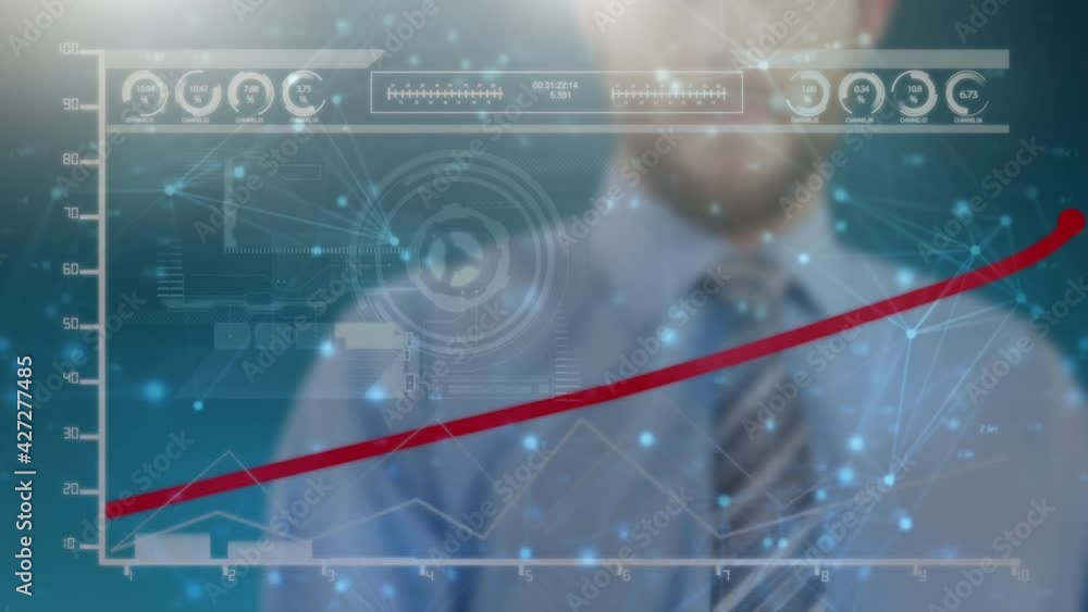Poster Animation of businessman drawing red line over interactive screen with data processing
