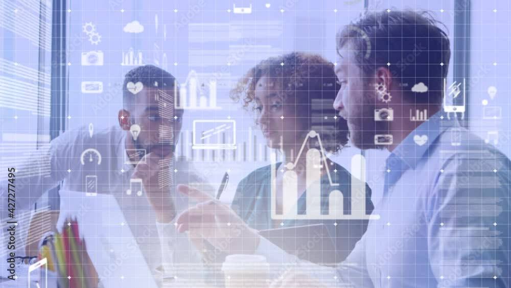 Poster animation of data processing with icons over business people using laptops in office