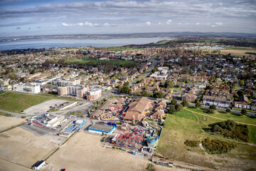 Hayling Island South Beach aerial with the Amusement Park and the popular holiday destination Aerial view.