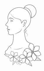 Vector line Woman portrait with flowers