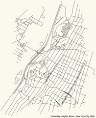 Fototapeta na wymiar Black simple detailed street roads map on vintage beige background of the quarter University Heights neighborhood of the Bronx borough of New York City, USA