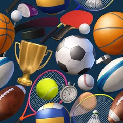 Zelfklevend Fotobehang Seamless background with sports equipment used in the sports of basketball, baseball, tennis, golf, soccer, volleyball, rugby, American football, hockey, ping-pong and badminton. 3D illustration © Dana.S