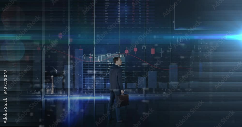 Poster animation of financial data processing over businessman with briefcase